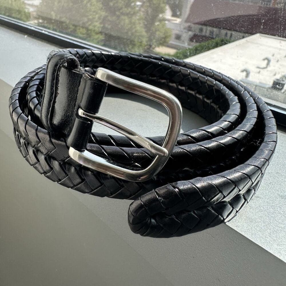 Brooks Brothers Black Braided Belt for Men Size 42 Silver Buckle Adjustable
